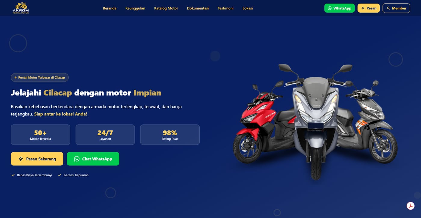 Tampilan situs booking Akrom Rental Cilacap