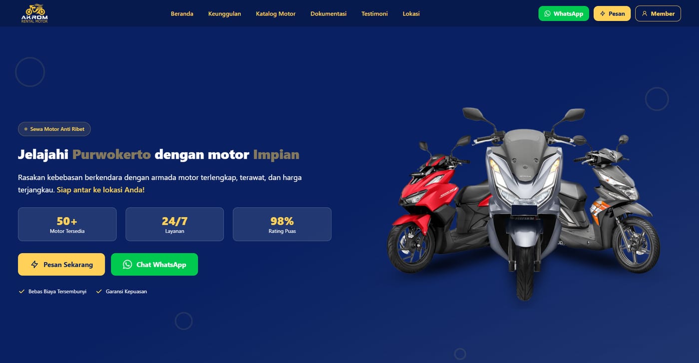 Tampilan situs booking Akrom Rental Purwokerto