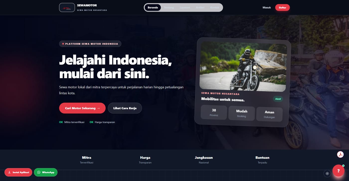 Tampilan marketplace Sewa Motor Nusantara